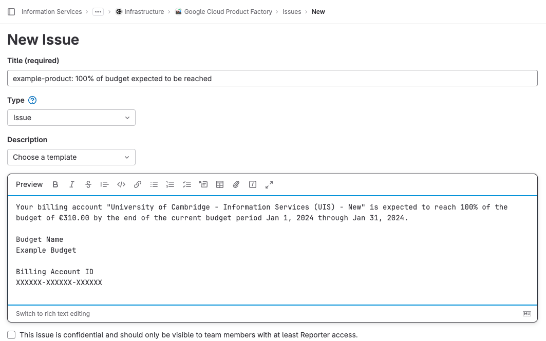 Example billing alert