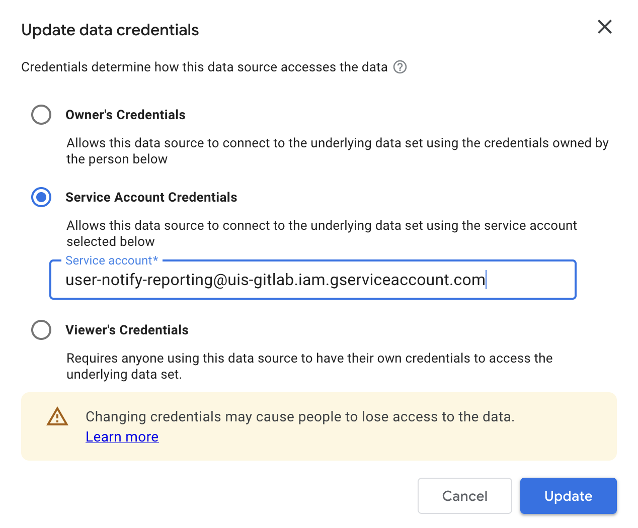 Data source credentials UI