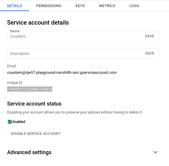 Google Service Account details page