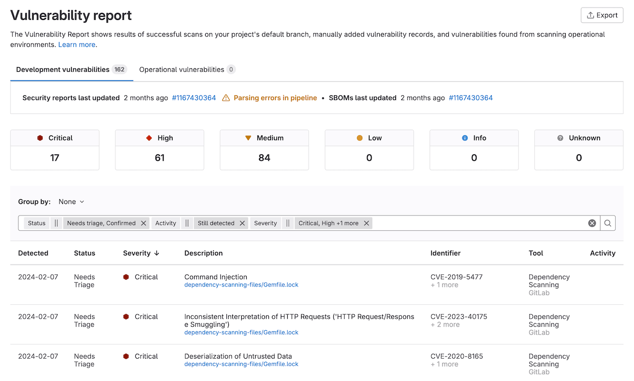 Image of an example vulnerability report in
GitLab